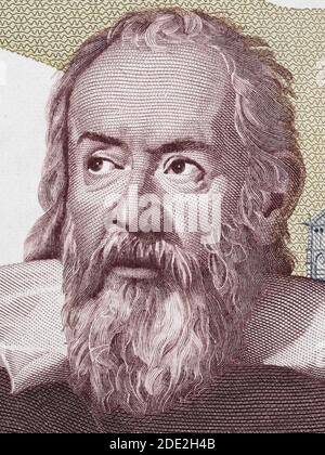 Galileo Galilei portrait sur l'Italie 2000 lire (1983) billet de banque macro, génie scientifique italien, mathématicien, astronome, philosophe et inventer Banque D'Images