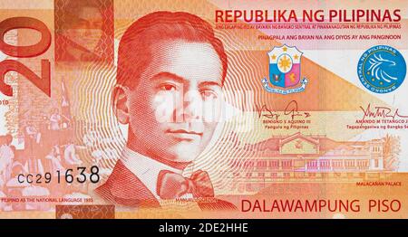 Manuel L. Quezon portrait sur Philippine 20 peso (2010) billet de banque, Philippines argent gros plan. Banque D'Images