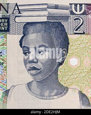 Portrait de fille d'école sur le Ghana 2 cedi (1982) billet de banque, clôture de l'argent ghanéen. Banque D'Images