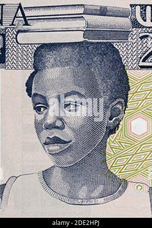 Portrait de fille d'école sur le Ghana 2 cedi (1982) billet de banque, clôture de l'argent ghanéen. Banque D'Images