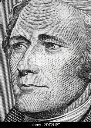 Alexander Hamilton face on US Ten dollar bill Extreme macro, 10 usd, United States Money closeup Banque D'Images