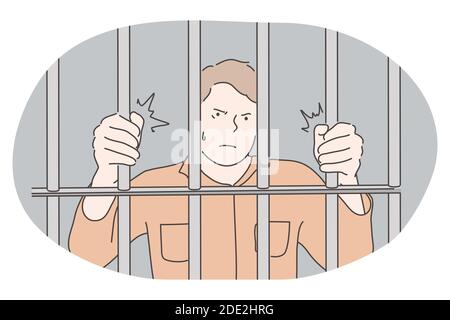 Prison, prison, cellule, captivité, arrestation, punition, concept de cage. Jeune homme en colère malheureux personnage de dessin animé debout dans la cellule de prison et essayant d'obtenir o Illustration de Vecteur