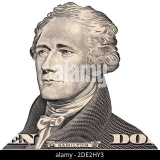 Alexander Hamilton face on US 10 dollar bill isolé, États-Unis argent closeup Banque D'Images