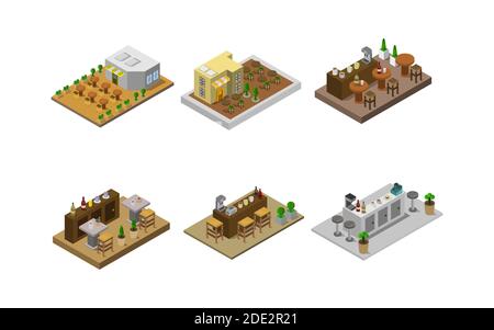 Illustration du scénario de l'ensemble de restaurants isométrique Illustration de Vecteur