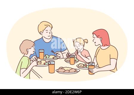 Bonne famille pour dîner ou petit déjeuner à la maison. Père de famille souriant mère et enfants personnages de dessin animé assis et manger un repas sain Illustration de Vecteur