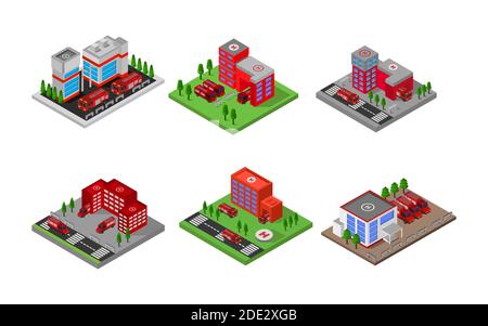 Ensemble d'illustrations vectorielles Isométrique de la caserne de pompiers Illustration de Vecteur