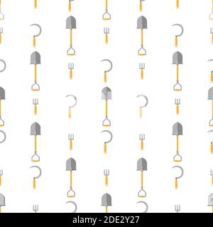 Motif sans couture avec faucille à main, petite fourche, pelle sur fond blanc. Outil de jardinage. Illustration vectorielle pour n'importe quelle conception. Illustration de Vecteur