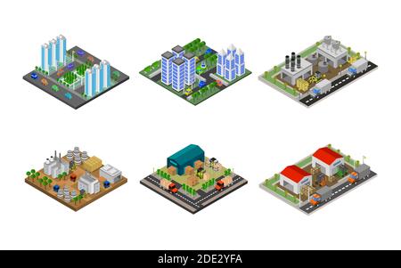 Bâtiments isométriques définis sur l'illustration du vecteur d'arrière-plan Illustration de Vecteur