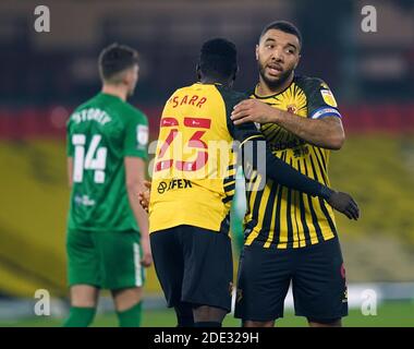 Troy Deeney (à droite) de Watford célèbre le deuxième but de son côté du match lors du championnat Sky Bet à Vicarage Road, Watford. Banque D'Images