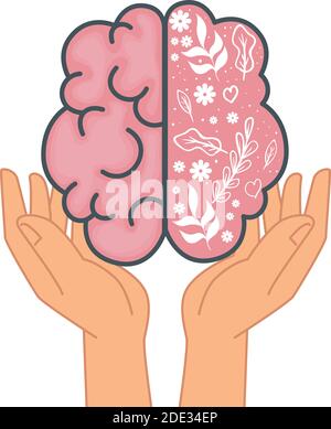 santé mentale mains soulever organe du cerveau avec des fleurs et des feuilles Illustration de Vecteur