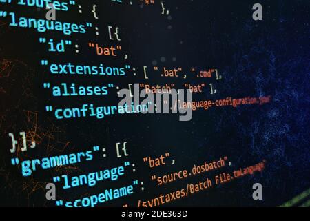 Code de script informatique abstrait. Écran de code de programmation du développeur logiciel. Temps de travail de programmation logicielle. Banque D'Images