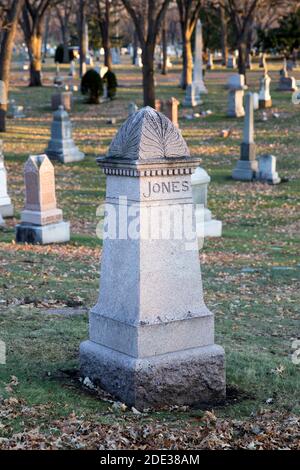 Tombe du monument Harry Wild Jones de l'architecte dans le cimetière de Lakewood, Minneapolis, Minnesota. Le monument a un cornice architectural, dentil Banque D'Images