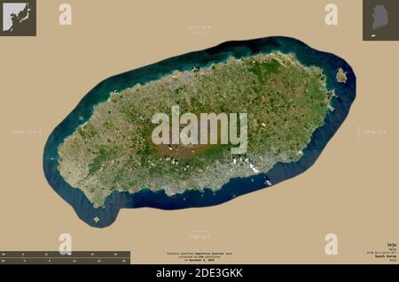 Jeju, province de Corée du Sud. Imagerie satellite Sentinel-2. Forme isolée sur un arrière-plan solide avec des superpositions informatives. Contient Copernicu modifié Banque D'Images