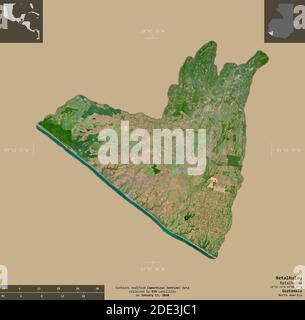 Retalhuleu, département du Guatemala. Imagerie satellite Sentinel-2. Forme isolée sur un arrière-plan solide avec des superpositions informatives. Contient COP modifié Banque D'Images