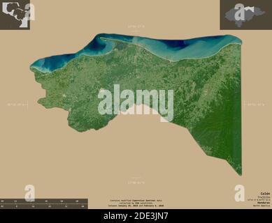 Côlon, département du Honduras. Imagerie satellite Sentinel-2. Forme isolée sur un arrière-plan solide avec des superpositions informatives. Contient Copernicu modifié Banque D'Images