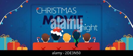 Couverture Facebook Christmas Movie Night, Fête TV pour enfants. Enfants, cadeaux, canapé, écran, renne sur fond bleu. Illustration vectorielle, dépliant du site Web Illustration de Vecteur