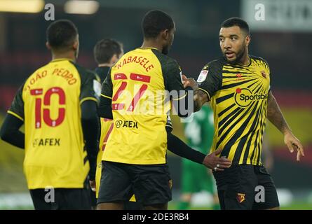 Troy Deeney (à droite) de Watford célèbre le deuxième but de son côté du match lors du championnat Sky Bet à Vicarage Road, Watford. Banque D'Images