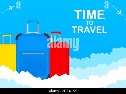 Time to Travel Tourism Poster concept vue de face avec sac de voyage rouge, jaune et bleu. Illustration de vecteur Illustration de Vecteur