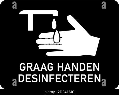 Graag Handen Desinfecteren ('Please Sanitize Your Hands' in Dutch) icône d'instruction horizontale avec un rapport d'aspect de 4:3. Image vectorielle. Illustration de Vecteur