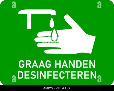 Graag Handen Desinfecteren ('Please Sanitize Your Hands' in Dutch) icône d'instruction horizontale avec un rapport d'aspect de 4:3. Image vectorielle. Illustration de Vecteur