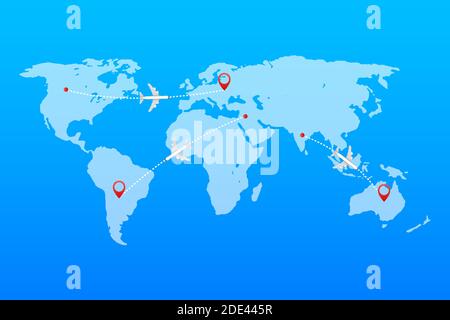 Carte du monde avec ligne de tracé en pointillés et avions volant. Illustration du stock vectoriel. Illustration de Vecteur