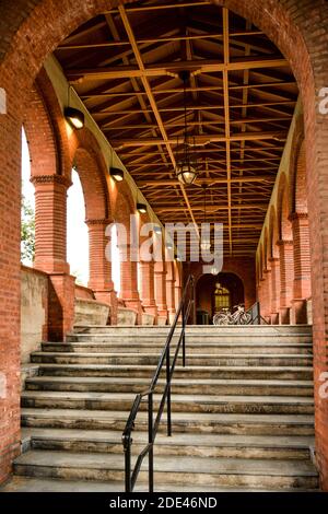 Des marches mènent à des bicyclettes garées et à un plafond en bois ouvert le long de la colonnade du bâtiment de la Renaissance espagnole à Flagler College, construit en 1885, S Banque D'Images