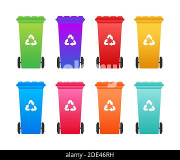 Définissez les bacs de recyclage pour les poubelles et les déchets isolés sur fond blanc. Concept de gestion des déchets. Illustration de Vecteur