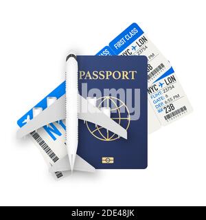 Passeports, cartes d'embarquement et avion. Concept de voyage. Signature du service de réservation ou de l'agence de voyage. Bannière publicitaire. Illustration du stock vectoriel. Illustration de Vecteur