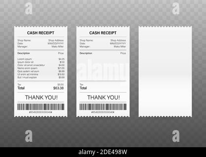 Reçus de factures papier de paiement réalistes pour les transactions en espèces ou par carte de crédit. Illustration du stock vectoriel. Illustration de Vecteur