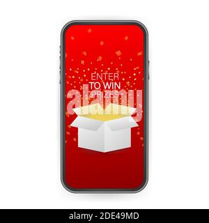 Participez pour gagner des prix. Ouvrez Red Gift Box et Confetti sur l'écran du smartphone. Gagnez un prix. Illustration de vecteur. Illustration de Vecteur