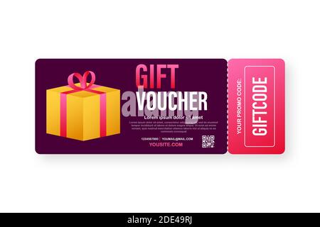 Modèle de carte-cadeau rouge et bleu. Bon cadeau Vector avec code coupon. Bon de réduction. Illustration du stock vectoriel. Illustration de Vecteur