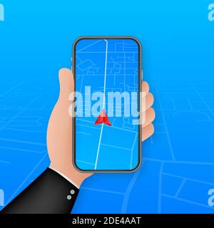 Smartphone avec application de navigation mobile à l'écran. Carte d'itinéraire avec symboles indiquant l'emplacement de l'homme. Illustration du stock vectoriel. Illustration de Vecteur