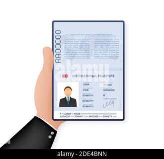 Modèle de passeport ouvert vierge. Passeport international avec exemple de page de données personnelles. Illustration du stock vectoriel. Illustration de Vecteur