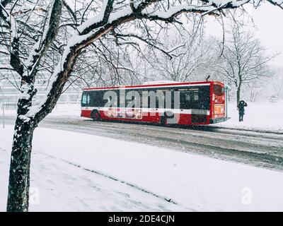 Toronto, Ontario, Canada - le 22 novembre 2020 : autobus rouge de la TTC des transports en commun de Toronto pendant la tempête de neige hivernale, chute de neige en plein air dans la rue de la ville. Neige Banque D'Images