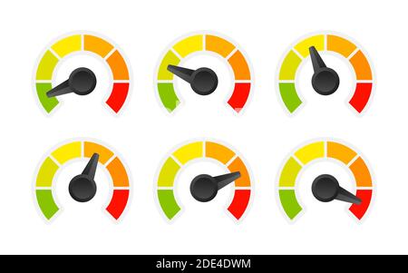 Évaluer le compteur de satisfaction client. Différentes émotions art design de rouge à vert. Résumé élément graphique du tachymètre, indicateur de vitesse Illustration de Vecteur