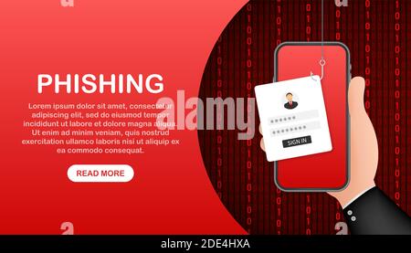 Phishing données avec crochet de pêche, d'un téléphone mobile, la sécurité sur internet. Stock Vector illustration. Illustration de Vecteur