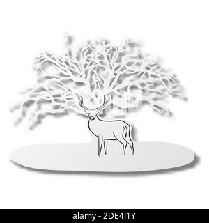 Illustration vectorielle ligne noire dessinée à la main de cerf sur papier coupé en forme d'arbre sec avec ombre isolée sur fond blanc. Art. Papier Illustration de Vecteur
