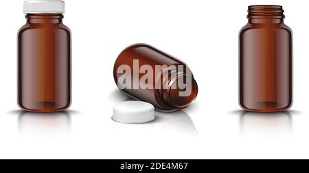ensemble de flacons de médicaments 3d réalistes en verre brun avec capuchon blanc. Illustration d'icône isolée sur fond blanc. Illustration de Vecteur
