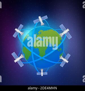 Satellites artificiels en orbite autour de la planète Terre. Satellites artificiels en orbite autour de la planète Terre, GPS. Illustration du stock vectoriel. Illustration de Vecteur