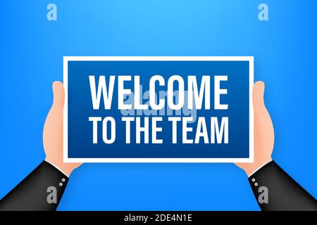 Bienvenue dans l'équipe. Affiche de dessin animé avec porte-affiche tenant à la main pour le motif de bannière. Bannière, conception de panneaux d'affichage. Illustration du stock vectoriel. Illustration de Vecteur