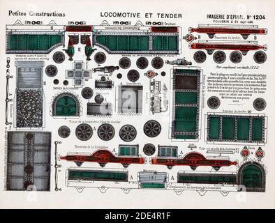 Découpe impression montrant dessins pour une locomotive à vapeur et du charbon car avec les chiffres pour l'ingénieur et du charbon d'offres. Affiche également le programme de conception pour la construction à petite échelle découpe de papier. Banque D'Images