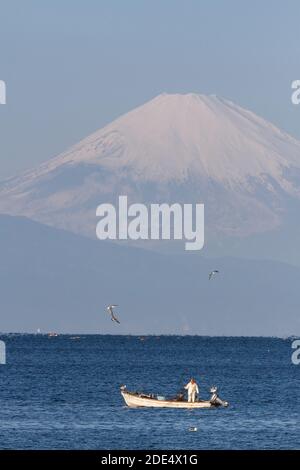 Un pêcheur japonais dans un petit bateau de pêche en face du Mont Fuji à Muira, Kanagawa, Japon. Banque D'Images