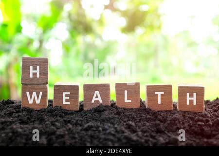 La santé est concept de richesse. Le changement de main ou le retournement de blocs de bois dés avec le mot richesse à la santé dans fond naturel. Banque D'Images