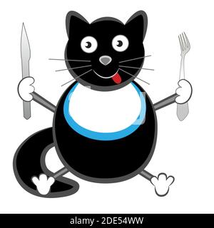 Un chat drôle et gras tient un couteau et une fourchette dans ses pattes. Illustration de Vecteur