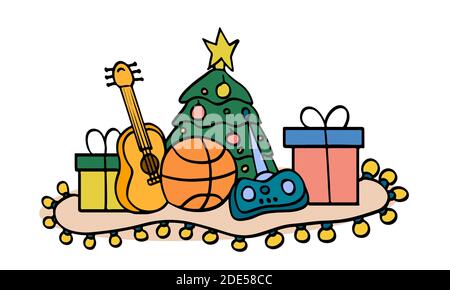 Les jouets de Noël dessinés à la main sont colorés. Cadeaux pour la nouvelle année sous l'arbre. Illustration vectorielle colorée de fête Illustration de Vecteur