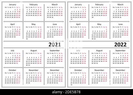 Modèle de calendrier 2021, 2022. La semaine commence le lundi Illustration de Vecteur