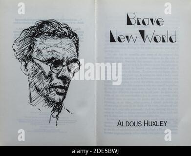 Livre de Brave New World - roman d'Aldous Huxley. Page de titre et dessin de l'auteur. Banque D'Images