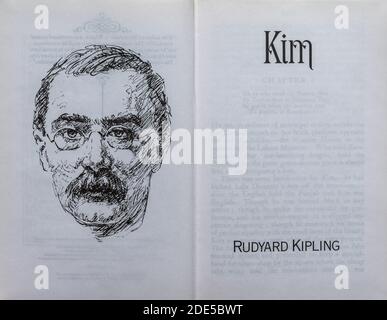 Kim livre - roman de Rudyard Kipling. Page de titre et dessin de l'auteur. Banque D'Images