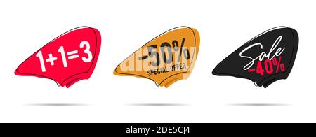Étiquette de prix ou étiquette pour la campagne d'achat de publicité promotionnelle avec trois offres de remise, formes dynamiques abstraites avec contour Illustration de Vecteur