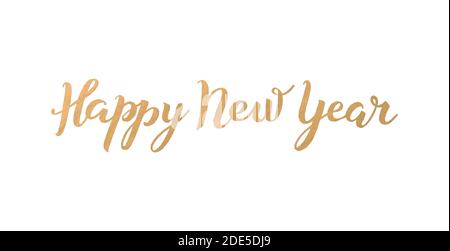 Bon nouvel an, texte à la main en forme de pinceau, lettres dorées sur fond blanc. Enseigne artistique dessinée. Modèle pour bannière, affiche, prospectus, carte de vœux, Web design. Illustration de Vecteur